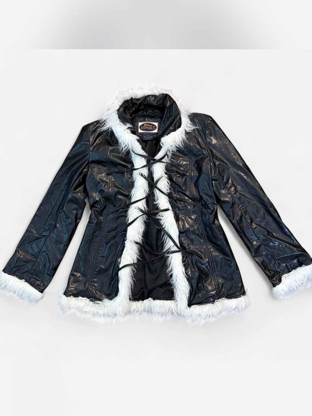 Blue Asphalt Y2K Faux Leather Vinyl Vintage Jacket Fur Trim Small 90s